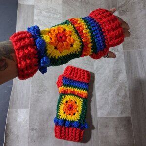 Colorful Chunky Rainbow Crochet Fingerless Gloves, Boho, Hippie, Pride
